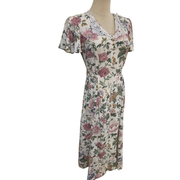 Vtg 90s En Focus Floral Cottagecore Dress Lace Trim Sz 3/4 Midi Prairie‎ - Picture 4 of 8